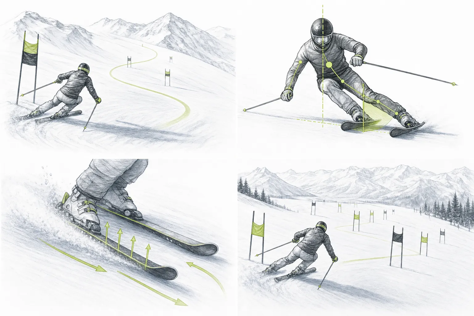 Obrovský slalom GS – technická ilustrácia práce tela v lyžiarskom pohybe