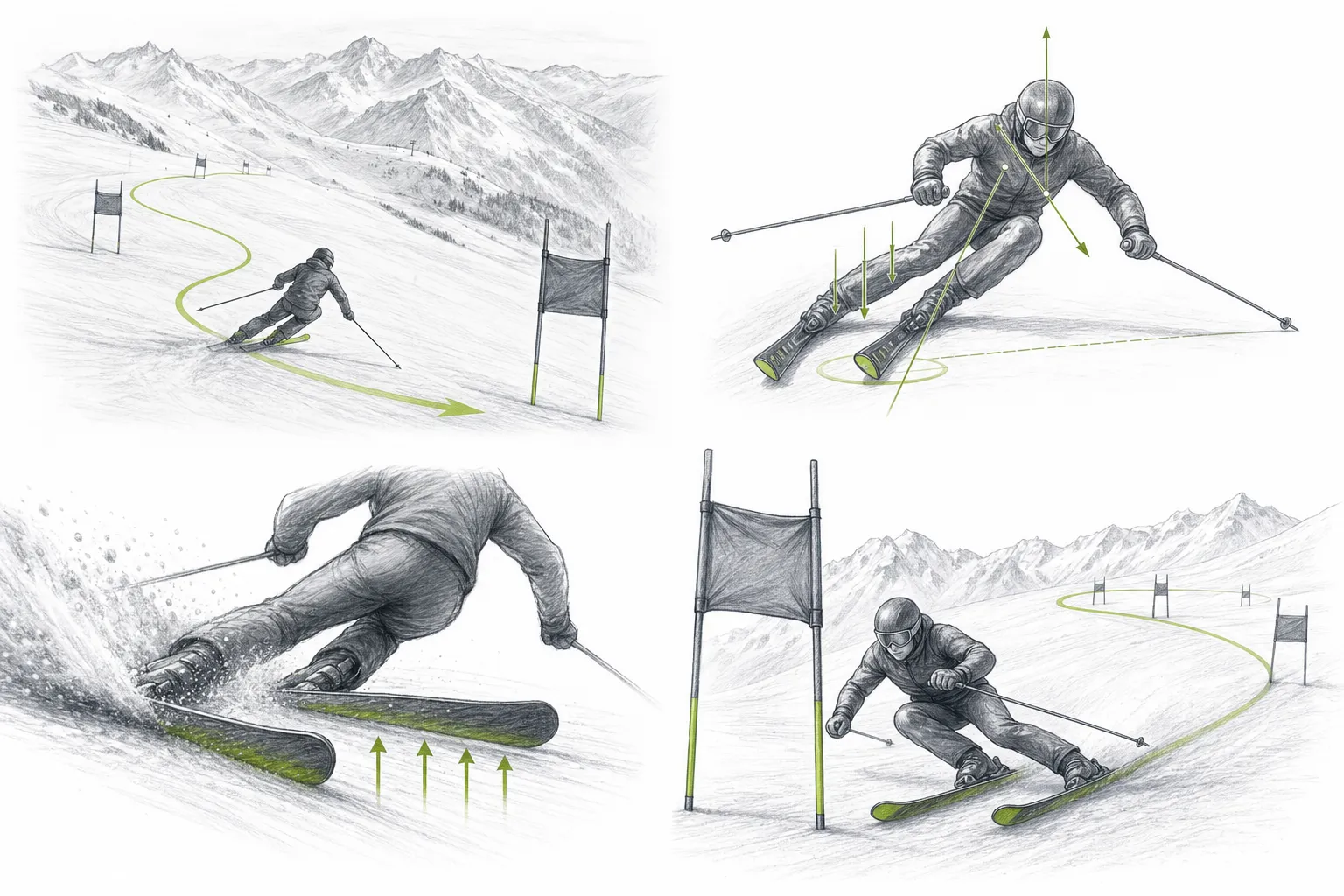 Obrovský slalom GS – technické znázornenie práce lyží, hrán, tlaku alebo rovnováhy