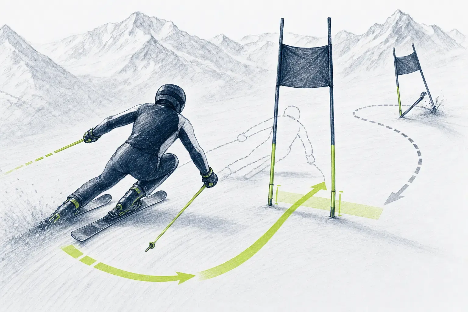 Opätovný prejazd bránky – technická ilustrácia Ski Loko