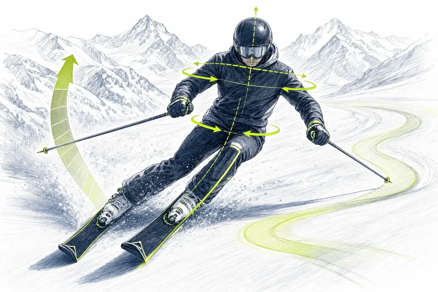Práca hornej časti tela – technická ilustrácia Ski Loko