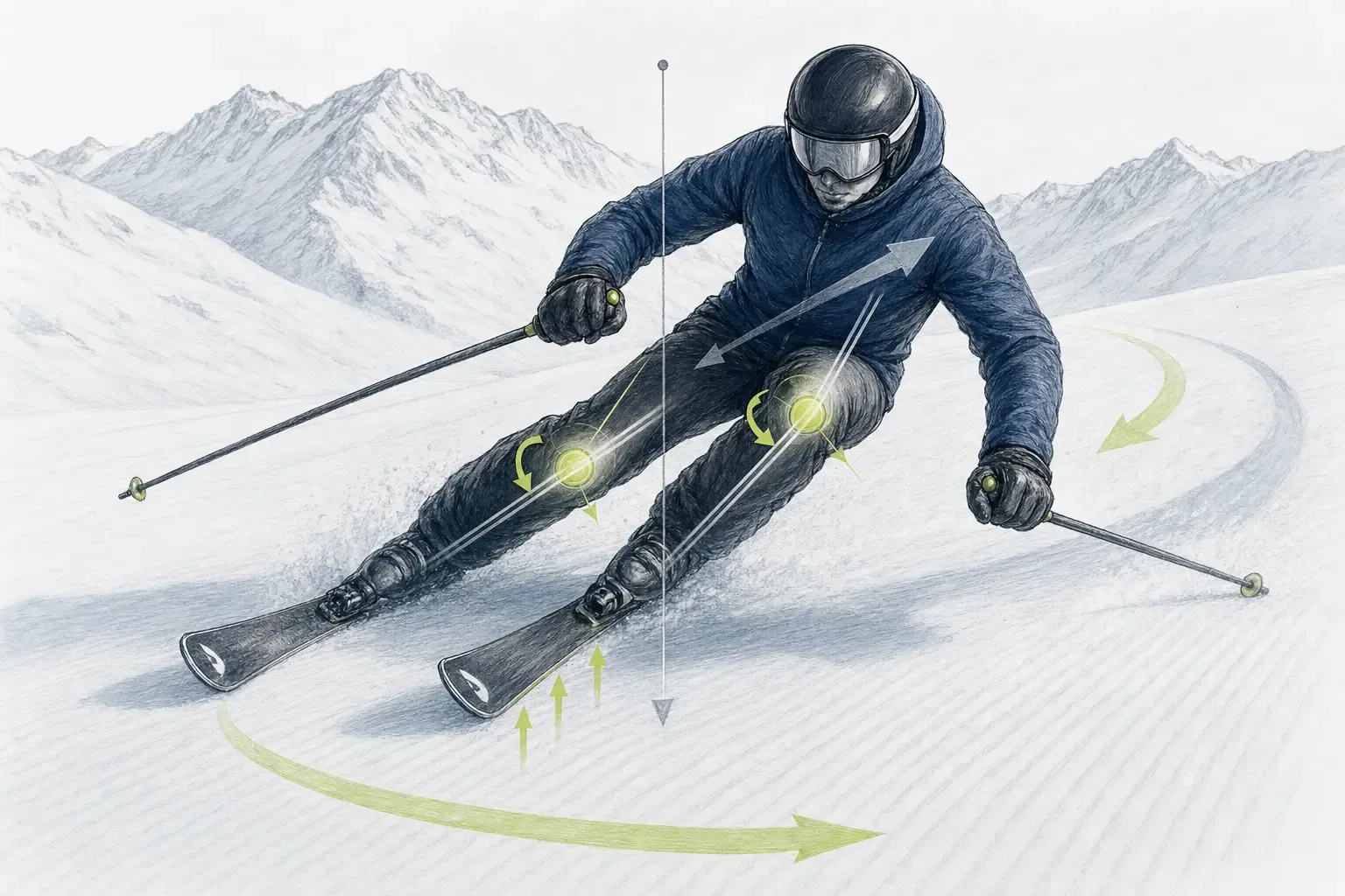 Práca kolien – technická ilustrácia Ski Loko