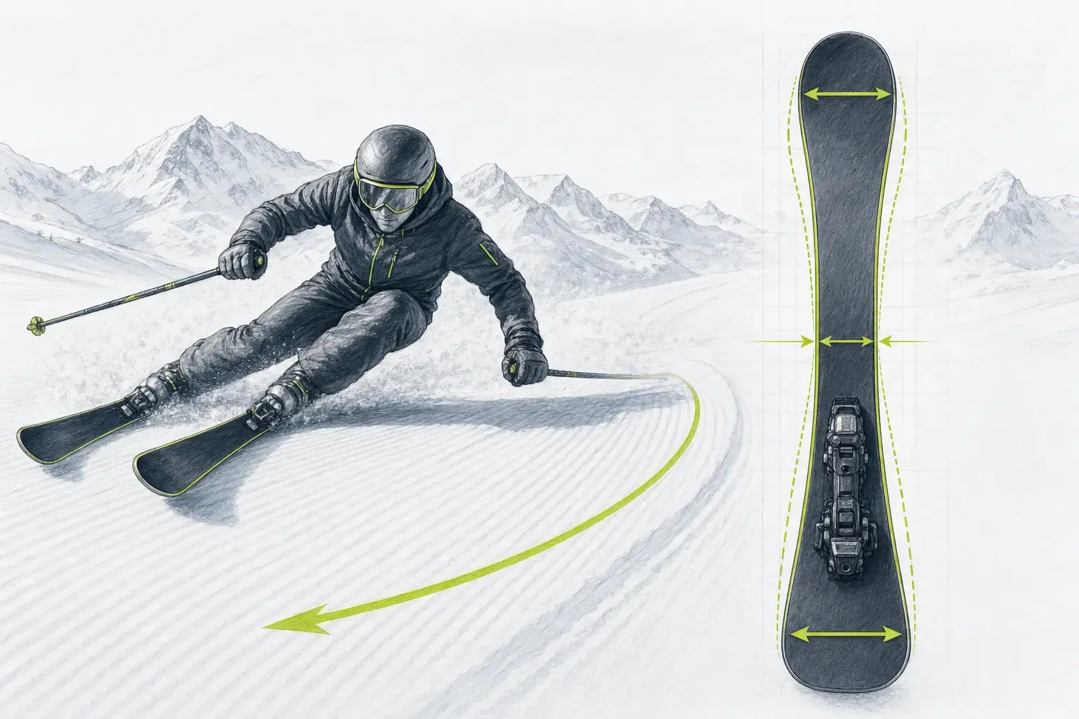 Sidecut a vykrojenie lyže – technická ilustrácia Ski Loko