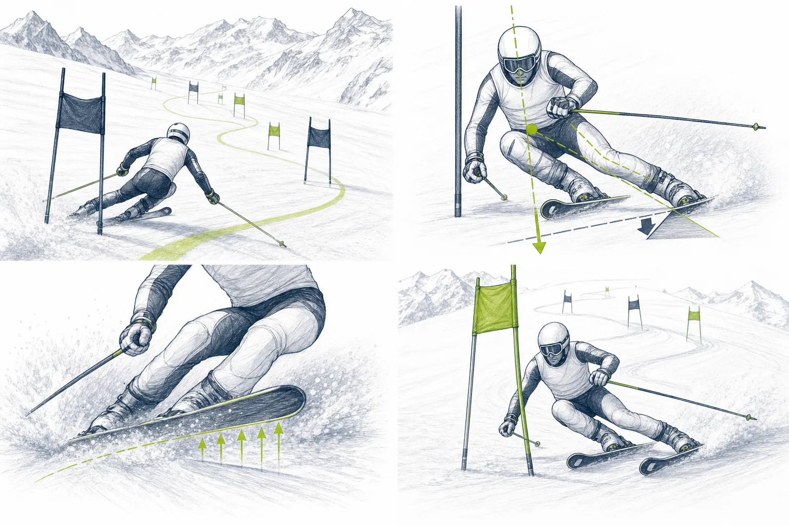 Slalom SL – technické znázornenie práce lyží, hrán, tlaku alebo rovnováhy